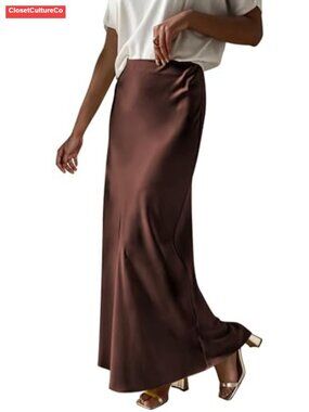 Satin Maxi Skirt High Waisted Flared Hem Loose Fit